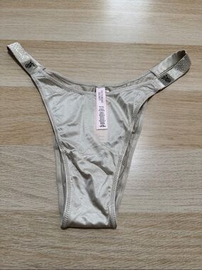 Victoria's Secret Champagne Satin Thong with Rhinestone Straps
